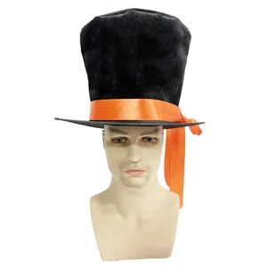 Chapeau haut de forme noir vintage avec ruban orange, chapeau de magicien élégant pour fête.