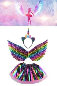 Ensemble de costume de licorne pour enfants, avec ailes brillantes colorées et tutu en tulle.