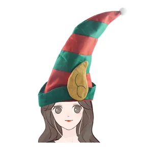 Christmas elf hat red and green striped jester cap with cute ear decoration for holiday party.