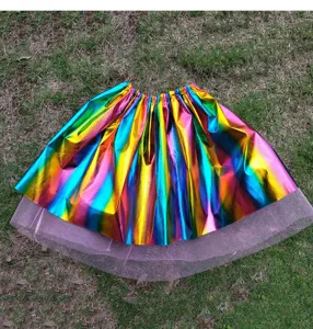 Rainbow metallic tutu skirt for adult party dance wear shiny festival pleated skirt