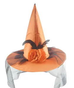 Cappello da strega di Halloween con velo a rete nera piuma rosa arancione accessorio per festa