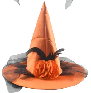 Cappello da strega arancione di Halloween con tulle nero piume e rosa in stoffa per festa