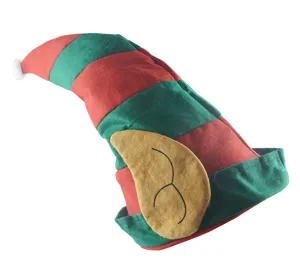 Close-up detail of red and green striped elf hat with large felt ear and cute pom-pom.