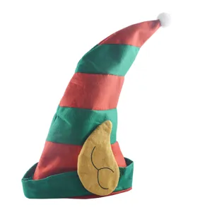 Red green striped Christmas elf hat with cute ears and white pom-pom for party costume decor.