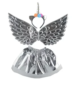 Ensemble de costume licorne argenté pour enfants, avec serre-tête, ailes et jupe tutu.