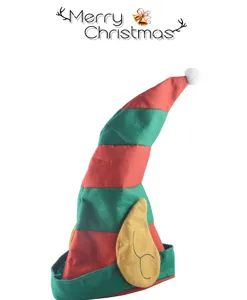 Red and green striped Christmas elf hat with cute ears and white pom pom for party decor.