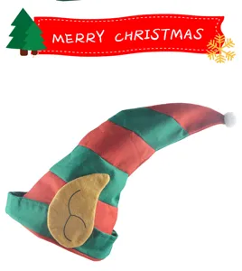 Red and green striped Christmas elf hat with cute ears and fluffy pompom for party decor.