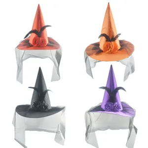 Cappello da Strega di Halloween Mago Velluto Rosa Velo di Rete Piuma Berretto per Cosplay Ballo Costume Festa Decorazione