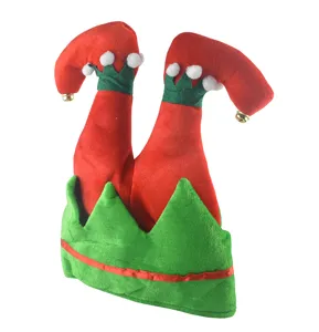 Christmas funny upside down elf legs hat plush red green novelty party costume headwear