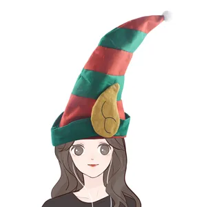 Christmas elf hat red green striped jester hat with cute ears for holiday party costume decor.