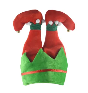 Details of funny Christmas elf pants hat in red and green with cute bells for party wear.