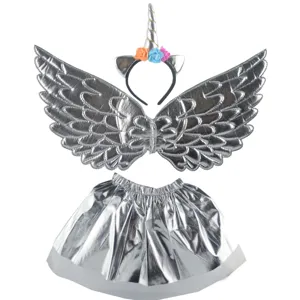 Ensemble de Costume Licorne Argentée Enfant avec Serre-tête Ailes et Jupette Fête