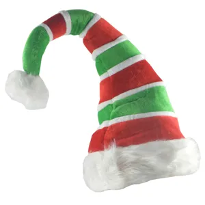 Rot-grün gestreifte Plüsch Weihnachtselfenmütze mit weißem Bommel für festliche Weihnachtsdeko.