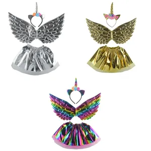 Ensemble de costume de fête licorne pour enfants avec serre-tête ailes et tutu métallisé.