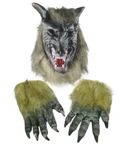 Halloween werewolf mask and claw gloves set, horror devil costume party props for adults.