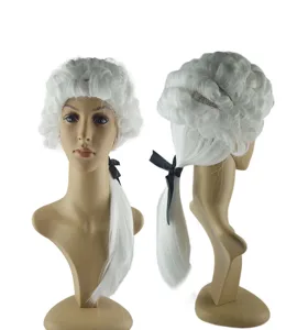 Perruque de juge colonial blanc avec noeud noir, perruque de costume de fete vintage.