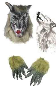 Halloween horror werewolf mask and claws gloves set, spooky party costume prop for cosplay.