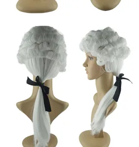 Vue détaillée de la perruque bouclée blanche avec nœud noir pour le cosplay et fête.