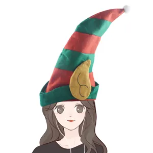 Christmas elf hat with red and green stripes and cute ears for holiday party decor.