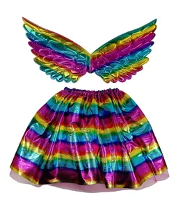 Colorful rainbow angel wings and tutu skirt set for girls, perfect for party performance.