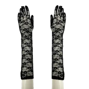 Schwarze Spitzenlanghandschuhe, elegante Blumennetz-Braut- und Partyaccessoires.