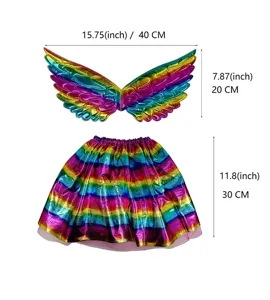 Girls rainbow metallic tutu skirt and angel wings set for party, dance and photography.
