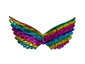 Colorful metallic angel wings detail shot, perfect festival costume party prop for kids.