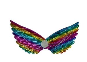 Close-up detail of colorful metallic rainbow angel wings costume accessory with elastic straps.