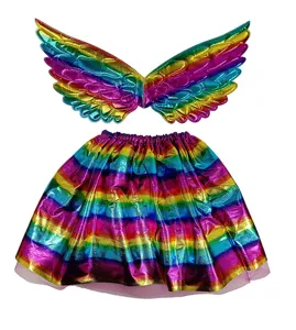 Kids rainbow metallic tutu skirt and angel wings set for party dance performance dress.
