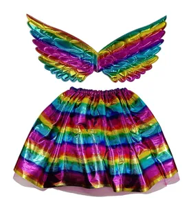 Colorful rainbow angel wings and matching tutu skirt set for kids performance dance photography.