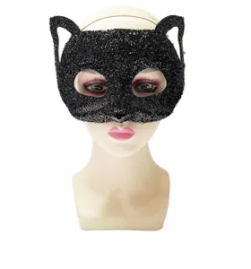 Schwarze Glitzer Katzenmaske für Maskenball Party, Halloween Kostüm Tier Halbgesicht Maske Zubehör.