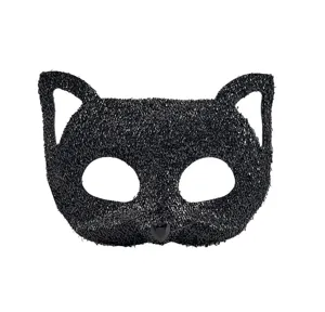 Schwarze Glitzer Katzenmaske Detailansicht mit Kristall Herz Nase für Maskenball Party.