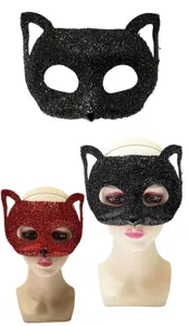 Glitzernde Katzen- und Fuchsmaske für Maskenball, Halloween Party Kostümzubehör in Schwarz Rot.