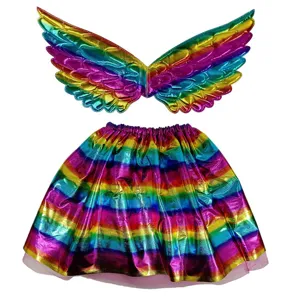 Metallic Fabric Rainbow Tutu Skirt With Unicorn Angel Wings Costume Props Set For Kids Performance Photography Party Outfits