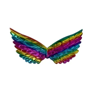 Rainbow angel wings for kids party dress up, colorful metallic costume accessory.