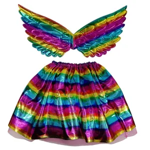 Colorful rainbow girls tutu skirt and angel wings set for dance performance and party dress up.