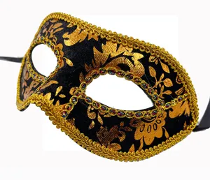 Schwarze und goldene Maskenball Halbgesicht Maske mit spitze Verzierungen und Strasssteinen.