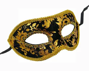 Schwarz-goldene Maskenball Maske, venezianische Halbmaske mit Vintage-Blattmuster und Strass.