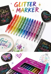 Glitzer-Farbstift-Set Detailansicht mit lebendigen Farben auf verschiedenen DIY-Oberflächen.