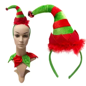 Christmas elf hat headband and collar set, red and green striped party costume hair accessories.