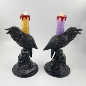 Halloween crow skull LED candle holders set, spooky raven pillar candles for party decor.