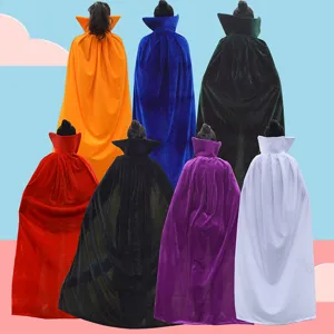 Halloween velvet cape hooded cloak high collar party costume cosplay performance apparel red black blue