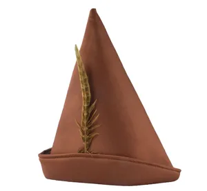 Halloween party costume brown pointed hat with feather detail close up view headwear
