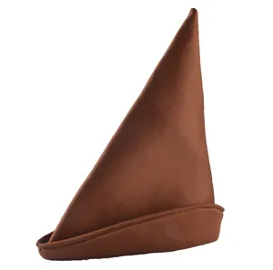 Brown pointed costume hat close-up, medieval elf or wizard hat detail view, soft fabric texture.