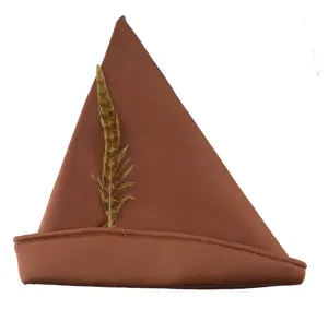 Brown pointed party hat with feather for Halloween cosplay costume dress up detailed view.