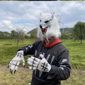 Halloween weiße Wolfsmaske und Klauenhandschuhe Set für Kostümparty und Cosplay Event.