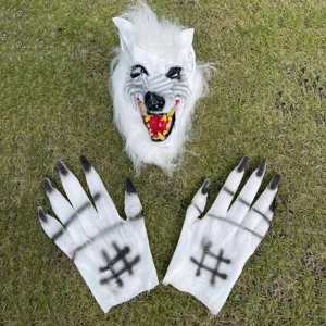 Halloween Gruselig Wolf Maske Und Kunstfell Handschuhe Set Horror Weiß Tier Kopfbedeckung Realistisch Kostüm Requisiten Für Cosplay Kostümparty Zubehör