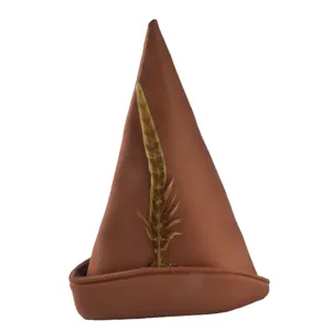Brown pointed hat with feather costume accessory for Halloween party and cosplay events.