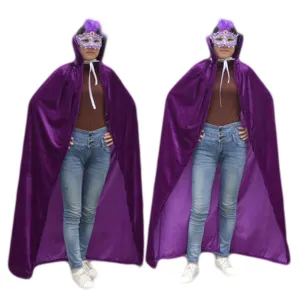 Halloween velvet hooded cloak costume with masquerade mask for holiday party performance.
