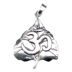 Antique silver oversized bodhi leaf OM yoga symbol pendant, large statement spiritual jewelry.
